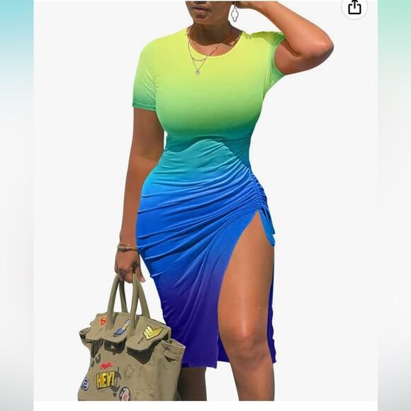 GOKATOSAU Women's Bodycon Short Sleeve Slit Ruched Midi Dress NWOT size Large - Picture 1 of 4
